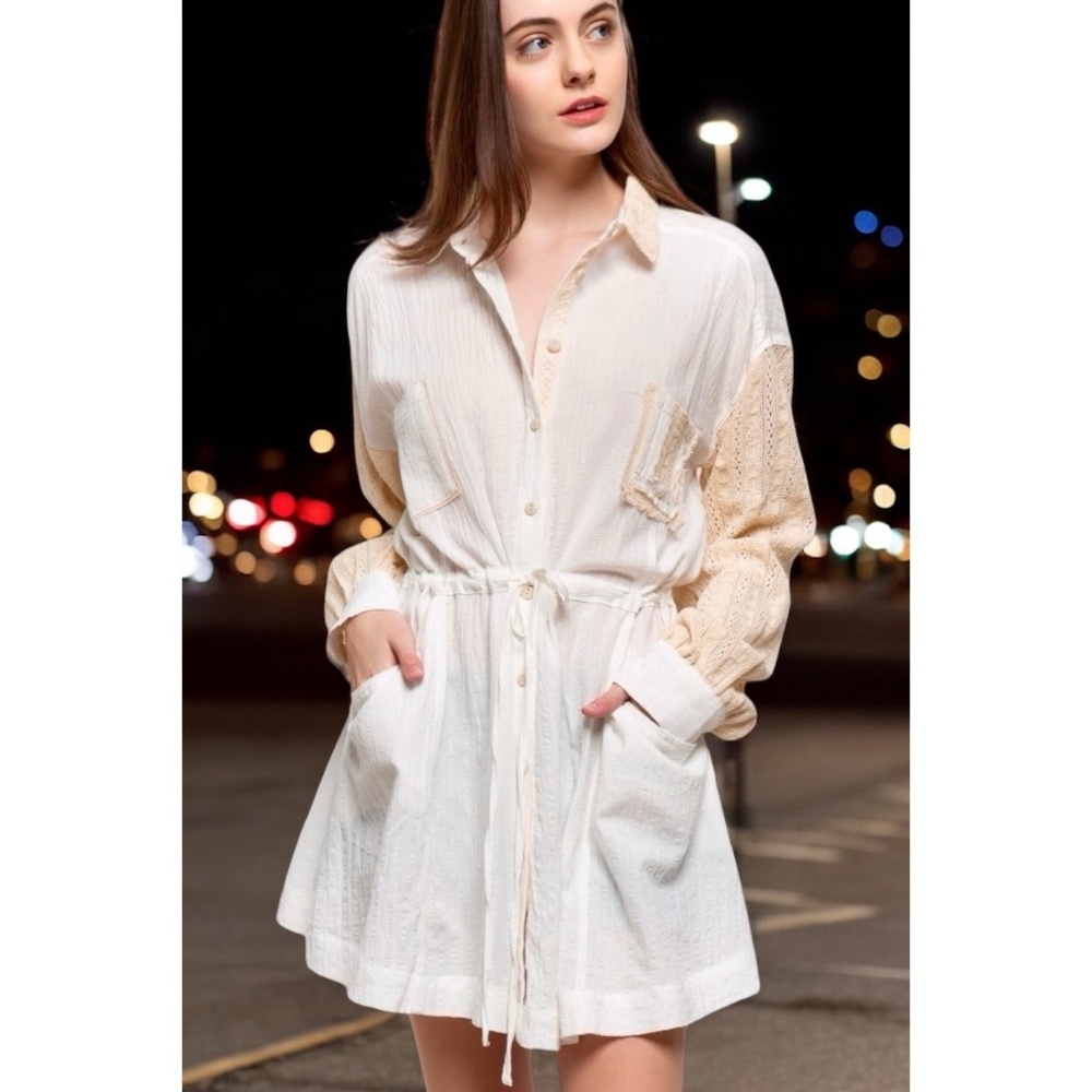 POL Off White Crochet Sleeves Cotton Shirt Dress - Picture 3 of 7